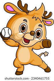 Cartoon little deer playing ball on white background of illustration