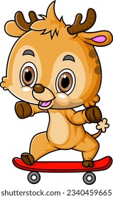 Cartoon little deer playing skateboard of illustration