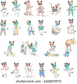 Cartoon little devil character in different poses with additional items.