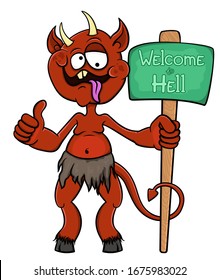 cartoon little devil holding a sign - welcome to hell. isolated on white background vector. stock illustration