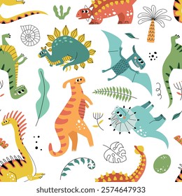 Cartoon little dinos background. Repeated kids print, funny color dinosaurs, tropical plants and animals, reptiles, vector seamless pattern