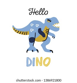 Cartoon little dinosaur. Cute dino color hand drawn vector character. T-rex flat handdrawn clipart. Sketch jurassic reptile. Isolated scandinavian cartoon illustration for kids game, textile, book.