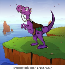 Cartoon little dinosaur looking up on hand-drawn background. Vector illustration.