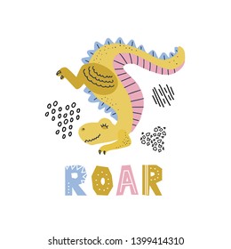 Cartoon little dinosaur standing on the front paws tail up. Cute dino color hand drawn vector character. T-rex flat clipart with lettering quote ROAR. Sketch Isolated cartoon print for kids textile