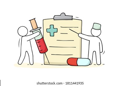 Cartoon little doctor with list of medical check up. Doodle vector illustration about medicine isolated on white background.