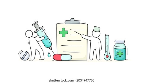 Cartoon little doctor with list of medical check up. Doodle vector illustration about medicine isolated on white background.