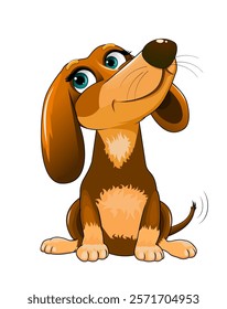 Cartoon little dog sitting. Joyful happy puppy. Friendly little dog dachshund. Doggy on white background