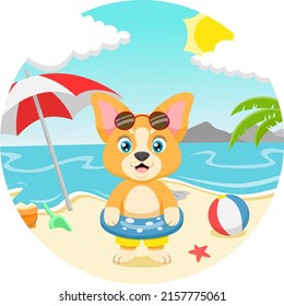 Cartoon little dog at tropical beach