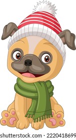 Cartoon little dog wearing hat and scarf