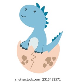 Cartoon Little Dragon. Baby сute Dinosaur hatched from an egg. Vector children illustration perfect for print, patterns and children room.