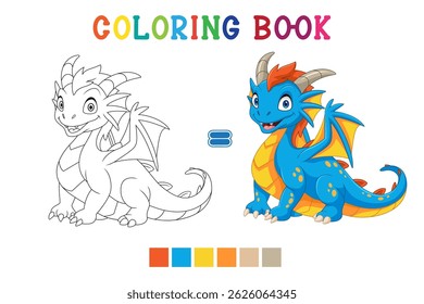 Cartoon little dragon on white background in coloring book style