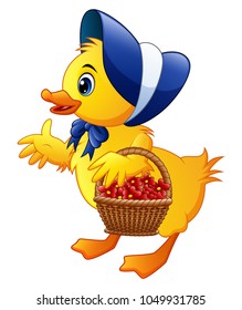 Cartoon little duck carrying flowers in a basket with wearing blue hat and bow tie