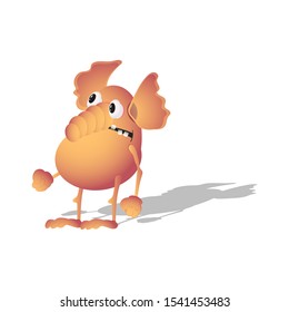 Cartoon little eared and big-eyed monster with a big trunk and teeth. vector illustration. isolate on white background