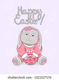 Cartoon little Easter bunny with egg and text "Happy Easter".  Card with cute rabbit in red.