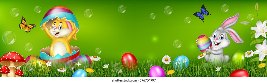 Cartoon little Easter rabbit with nature background 