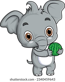 Cartoon little elephant holding grass on white background of illustration