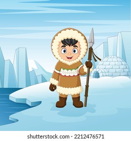 Cartoon-kleines Eskimo-Kind mit Nordpol-Hintergrund