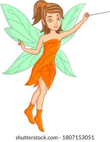 Cartoon little fairy flying with magic stick