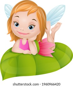 Cartoon little fairy on green leaf
