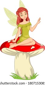 Cartoon little fairy sitting on the mushroom