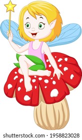 Cartoon little fairy sitting on a mushroom