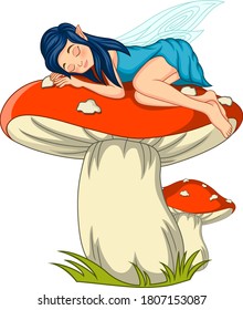 Cartoon little fairy sleeping on mushroom