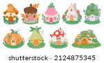 Cartoon little fantasy houses for fairies, elves, gnomes or dwarfs. Mushroom, pumpkin and flower cute fairytale homes in forest vector set. Illustration of fantasy house and little funny magical home