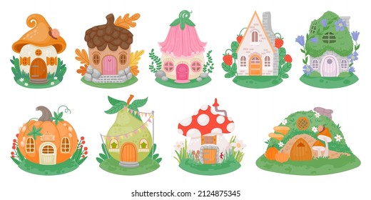 Cartoon little fantasy houses for fairies, elves, gnomes or dwarfs. Mushroom, pumpkin and flower cute fairytale homes in forest vector set. Illustration of fantasy house and little funny magical home