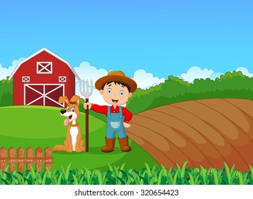 Cartoon Little Farmer And His Dog With Farm Background