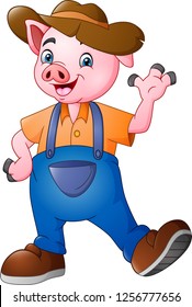 Cartoon little farmer pig waving hand