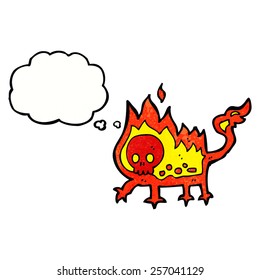 cartoon little fire demon with thought bubble