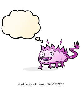 cartoon little fire demon with thought bubble