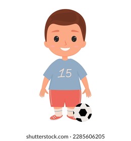 cartoon little football player. a cute boy in a sports uniform is standing with a ball. vector  cup, soccer, championship