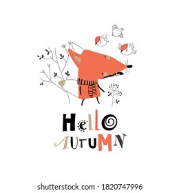 Cartoon little fox with autumn plants and flowers