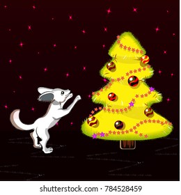 Cartoon Little Fox With Big Ears Decorate Cristmas Tree; White Phenyk Fox Play With Ball; White Furry Baby Pet Fox; Vector Illustration For 
Fairytaile; Wild Arctic Animal; Fox Plaing Game, Jump And R