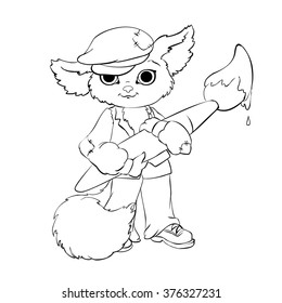 Cartoon little fox. Brush with paint. Artist. Contour, outline illustration