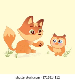 Cartoon little fox and owl vector character illustration