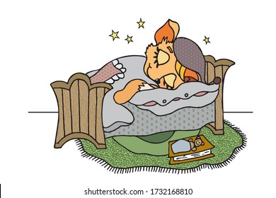 Cartoon little fox sleeping in bed
