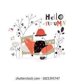 Cartoon little fox sleeping in bed in autumn forest