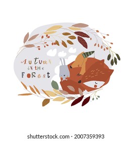 Cartoon Little Fox sleeping with Rabbit in Autumn Wreath