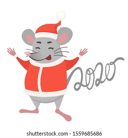 Cartoon little funny rat or mouse in a red Santa's costume. For Merry Christmas and New Year card. Christmas New Year of the Rat 2020. Vector illustraion.