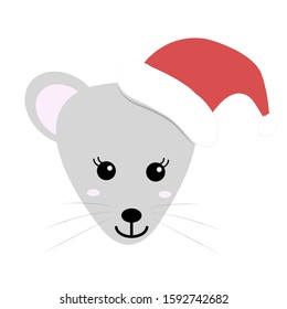 Cartoon little funny rat or mouse in a red Santa's hat. For Merry Christmas and New Year card. Christmas New Year of the Rat 2020. Vector illustraion.