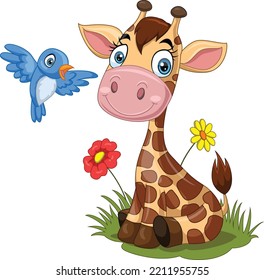 Cartoon little giraffe with blue bird in the grass