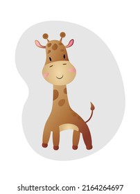 Cartoon little giraffe character standing on an abstract gray background. Vector illustration for the design of T-shirts, prints, covers, graphics, posters.