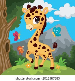 Cartoon little giraffe in jungle