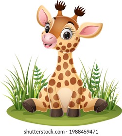 Cartoon little giraffe sitting in the grass