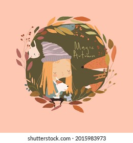 Cartoon Little Girl with Animals in Autumn Wreath