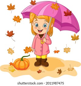 Cartoon Little Girl In Autumn Clothes With Umbrella