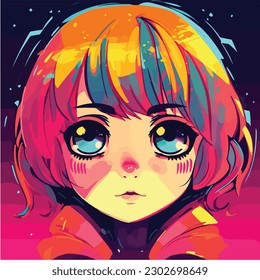 A cartoon of a little girl with big eyes and a big eyes. vector illustration anime style, colorful, abstract, digital art