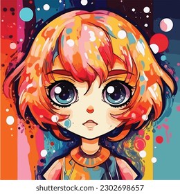 A cartoon of a little girl with big eyes and a big eyes. vector illustration anime style, colorful, abstract, digital art